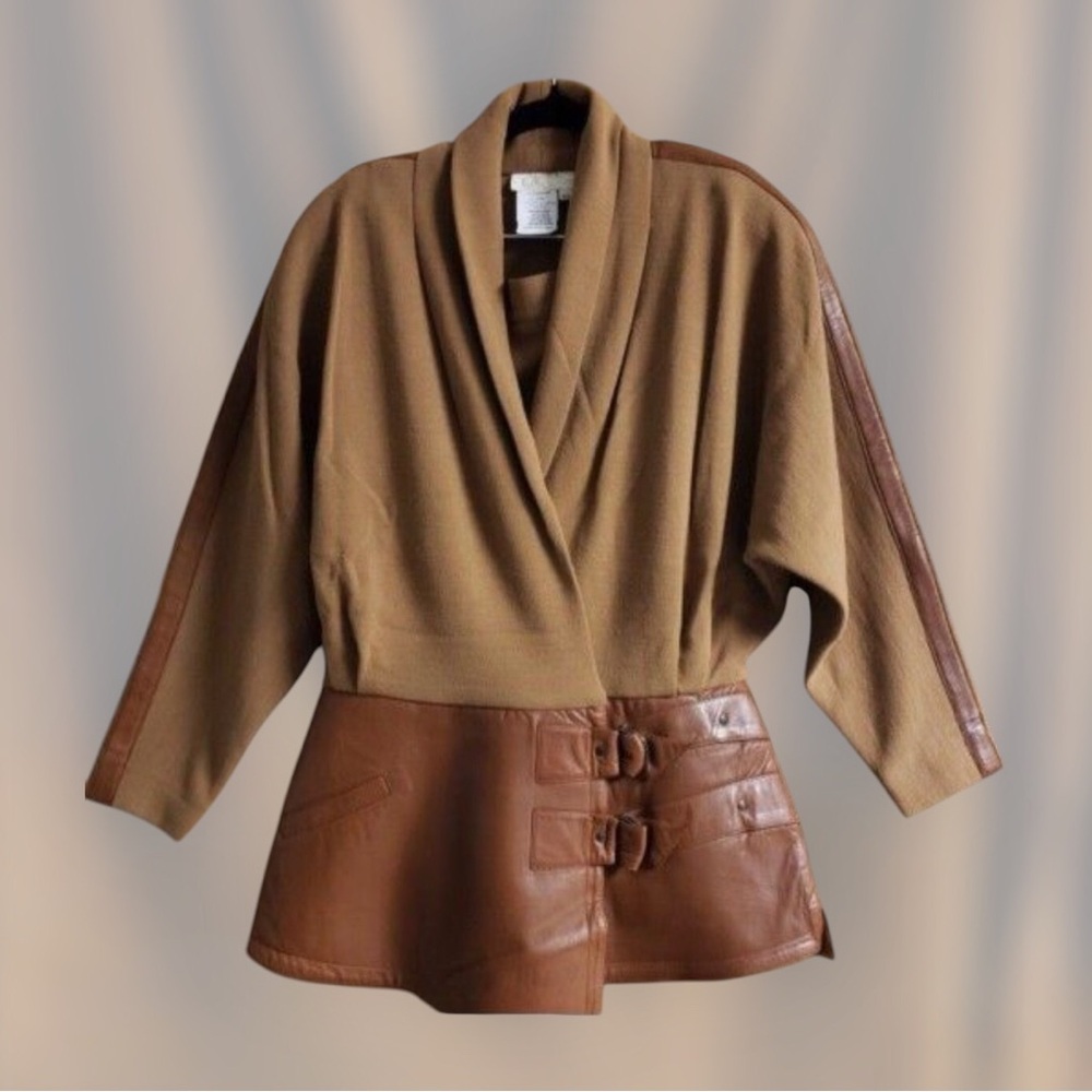 Vintage Tan Brown Cache Skirt Suit with Leather Trim Sz L